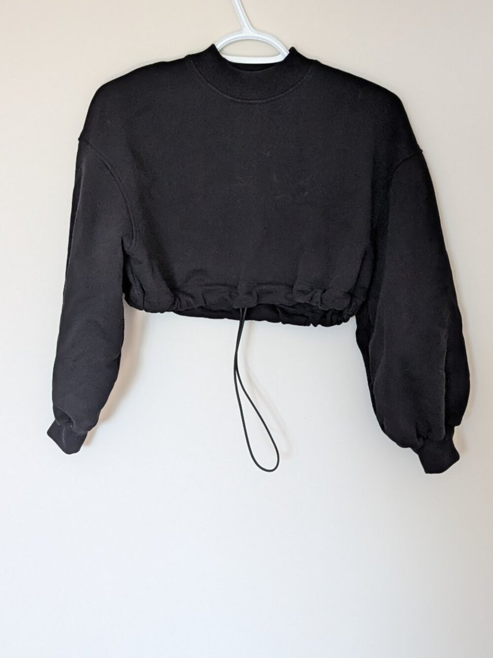 Oak + Fort Refined Black Cropped Drawstring Sweatshirt | XS/SP | Organic Cotton
